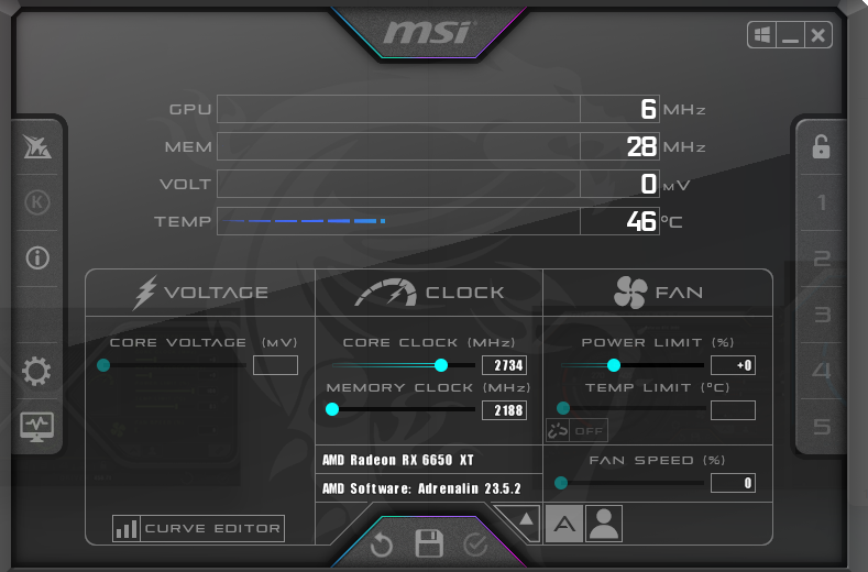 msi afterburner メイン画面