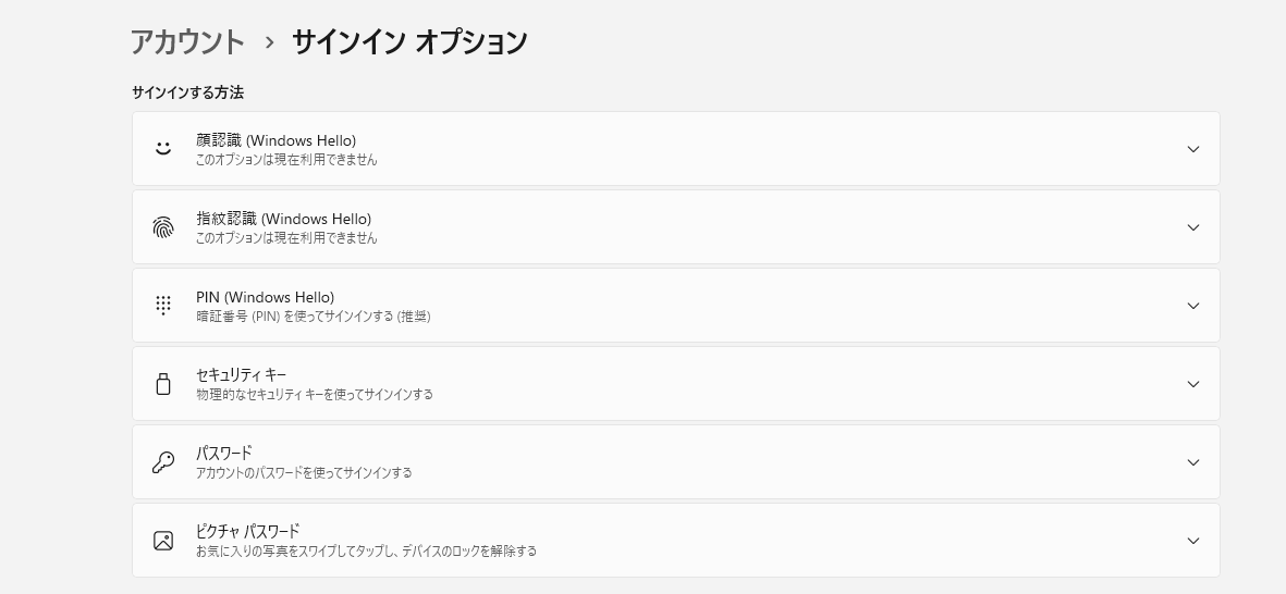 アカウント サインインオプション